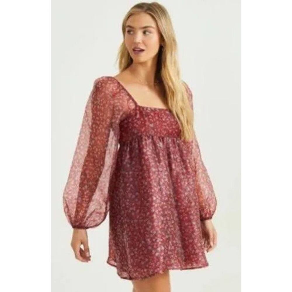 Altar'd State Women's Balloon Sheer Sleeves Floral Janey Dress Burgundy Medium